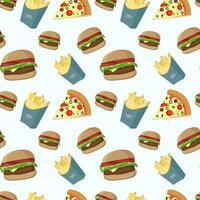 Vector seamless pattern wih fast food. Food background. Seamless pattern with burger, french fries, pizza.