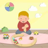 Cute boy sitting on floor and playing with cars, train, railroad. Child in kindergarten. Cartoon vector illustration