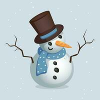 Cute cartoon snowman in hat and scarf. Vector snowman christmas illustration.