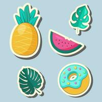 Vector set of cute summer stickers pineapple, watermelon, palm leaves, donut. Perfect for summertime poster, card, scrapbooking, invitation.