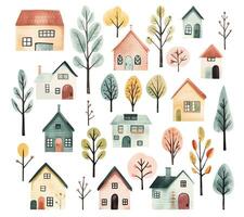 Set of watercolor scandinavian houses. Cute childish buildings and trees isolated. Trendy scandi vector background