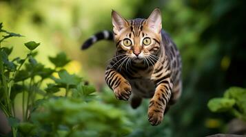 Brown Bengal cat, leaping in mid - air to catch a fluttering butterfly in a garden. Generative AI photo