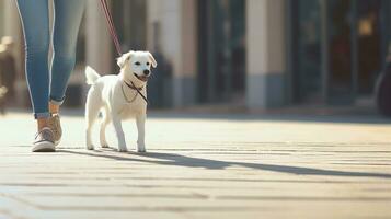 A woman with a dog on a leash walks down the street. Generative AI photo