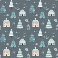 Seamless pattern with doodle snowy trees and houses. Vector christmas elements. Winter background