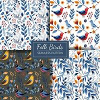 Set of seamless patterns in floral doodle style. Watercolor hand drawn backgrounds with birds, flowers, leaves. vector