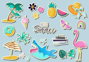 Set of cute summer stickers palm tree, beach umbrella, tropical flowers, flamingo. Perfect for summertime poster, card, scrapbooking, invitation. vector