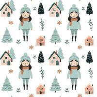 Seamless pattern with doodle girl, house and tree. Vector hand drawn christmas elements. Winter background