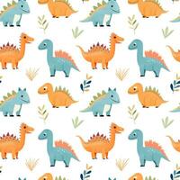 Seamless pattern of cute colorful dinosaurs with floral elements. Children's print vector