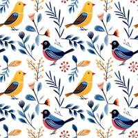 Seamless pattern birds and floral doodle. Watercolor hand drawn background birds and flowers. vector