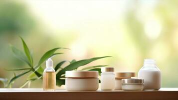 Displaying a set of organic skincare products, neatly organized on a wooden shelf with plants in the background. Generative AI photo