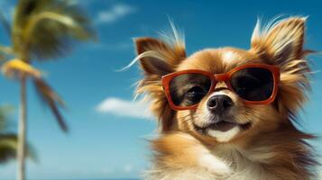 Cute dog in sunglasses, funny pet, summer background. Generative AI photo