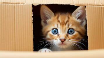 A playful kitten hiding inside a cardboard box, only its tail and curious eyes visible. Generative AI photo