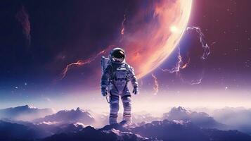Astronaut in space, cosmos. Web banner with copy space. Generative AI photo