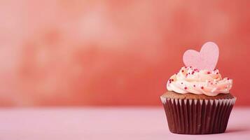 A cupcake with a heart-shaped decoration. Web banner with copy space. Generative AI photo