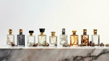 Banner features a selection of fragrances in elegant bottles. Generative AI photo