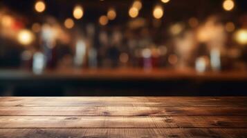 Dark wood table, wooden bar desk, front view, blur background. Generative AI photo