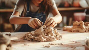 niño esculpir con arcilla, dedos moldura el suave material, creatividad tomando forma. generativo ai foto