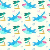 Seamless pattern with cute cartoon sharks and palm trees vector