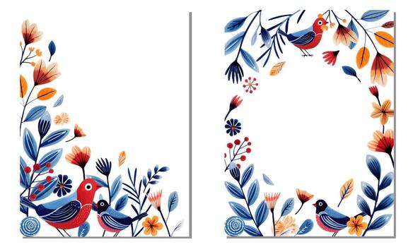 Set of frames with birds in ethnic style. Birds and leaves for your design, template. Greeting card, border. vector