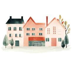 escandinavo casas y arboles europeo calle. linda scandi acuarela casas infantil vector ilustración