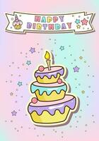 Happy birthday card with cute cartoon cake. Colorful design. Vector illustration