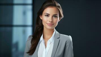 Young happy business woman portrait. Web banner with copy space. Generative AI photo