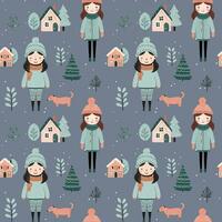 Seamless pattern with doodle girl, house and tree. Vector hand drawn christmas elements. Winter background