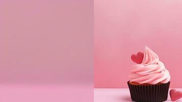 A cupcake with a heart-shaped decoration. Web banner with copy space. Generative AI photo