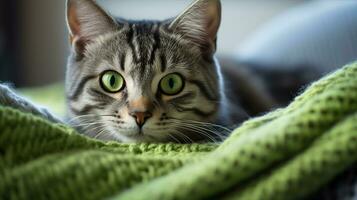 Close - up of a gray tabby cat gazing intently with bright green eyes, resting on a cozy blanket. Generative AI photo