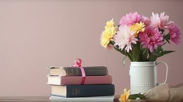 A stack of books with a flower vase. Web banner with copy space. Generative AI photo