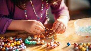 Child crafting with beads, a necklace of colors and creativity in the making. Generative AI photo