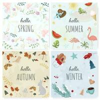 Hello season banners. Autumn, Winter, Spring and Summer vector illustration set. Hello Autumn, winter promo, spring lettering and summer label.