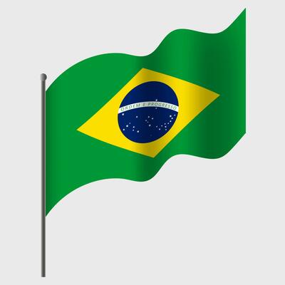Waved Brazil flag. Brazilian flag on flagpole. Vector emblem of Brazil
