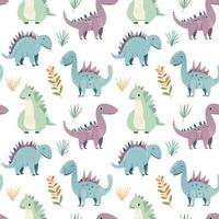 Seamless pattern of cute colorful dinosaurs with floral elements. Children's print vector