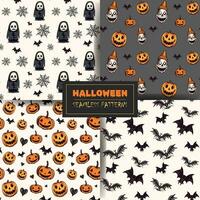 Set of seamless halloween patterns with pumpkin, bat, ghost, scull. Vector collection.