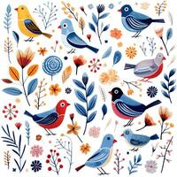 Set of hand drawn birds and flowers in the traditional ethnic folklore style. Bright birds, plants and flowers collection vector