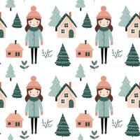 Seamless pattern with doodle girl, house and tree. Vector hand drawn christmas elements. Winter background