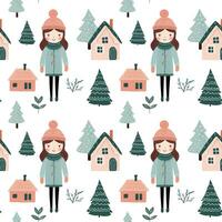 Seamless pattern with doodle girl, house and tree. Vector hand drawn christmas elements. Winter background