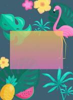 Summer template in bright colors with tropical leaves and flamingo. Frame for poster, banner, invitation, voucher. vector