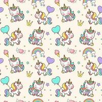 Seamless pattern with unicorns, stars, rainbow, confetti. Vector background in cartoon style for birthaday party.