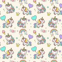 Seamless pattern with unicorns, stars, rainbow, confetti. Vector background in cartoon style for birthaday party.