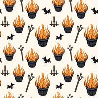 Halloween pattern with cauldron, scepter, candlestick, bat. Autumn halloween background, vector seamless pattern.