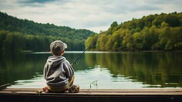 Child with a fishing rod, patiently waiting at the dock, the serene lake stretching beyond. Generative AI photo