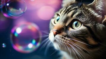 Cat entranced by a floating soap bubble, its iridescent colors reflecting in its eyes. Generative AI photo