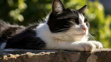 Black and white tuxedo cat lounging lazily on a stone wall, basking in the late afternoon sun. Generative AI photo