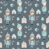 Seamless pattern with doodle girl and houses. Vector hand drawn christmas elements. Winter background