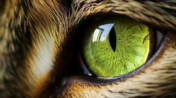 de gato verde ojo magnificado, revelador intrincado patrones y lo más hondo, un ventana a sus alma. generativo ai foto