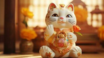 maneki - neko, el suerte gato estatua, con sus elevado pata, conjunto en contra un fondo de antiguo pergaminos generativo ai foto