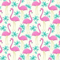 Summer seamless pattern of flamingo and tropical leaves. Vector background