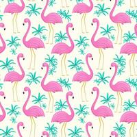 Summer seamless pattern of flamingo and tropical leaves. Vector background